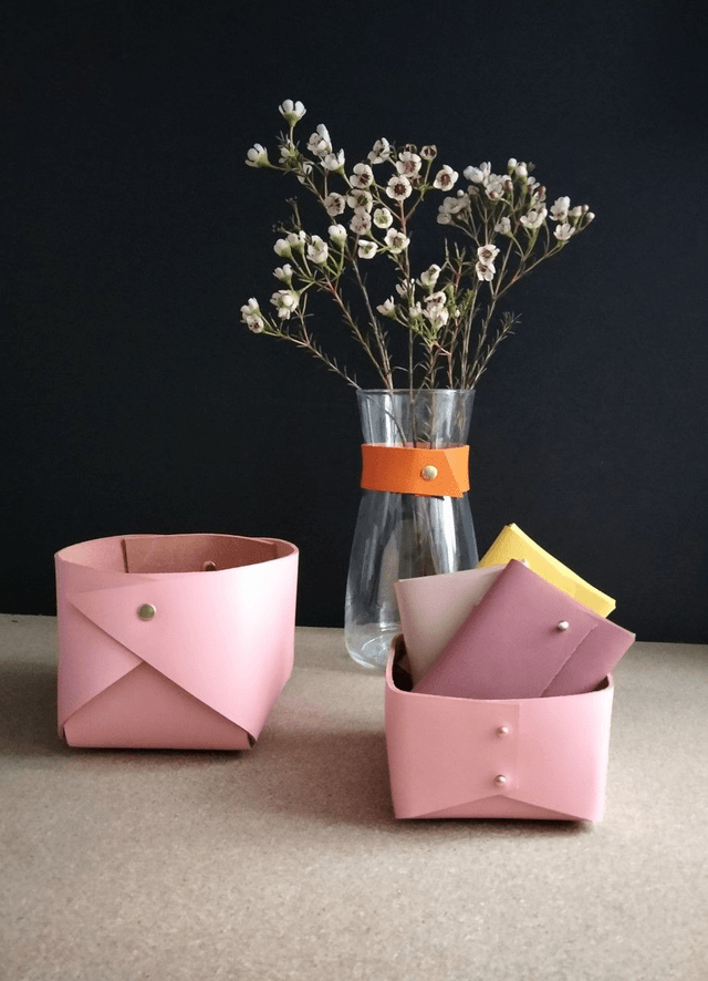 Panier de rangement en cuir rose grand modèle